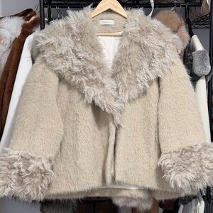 Cream Teddy Down Jacket with Faux Fur Trim